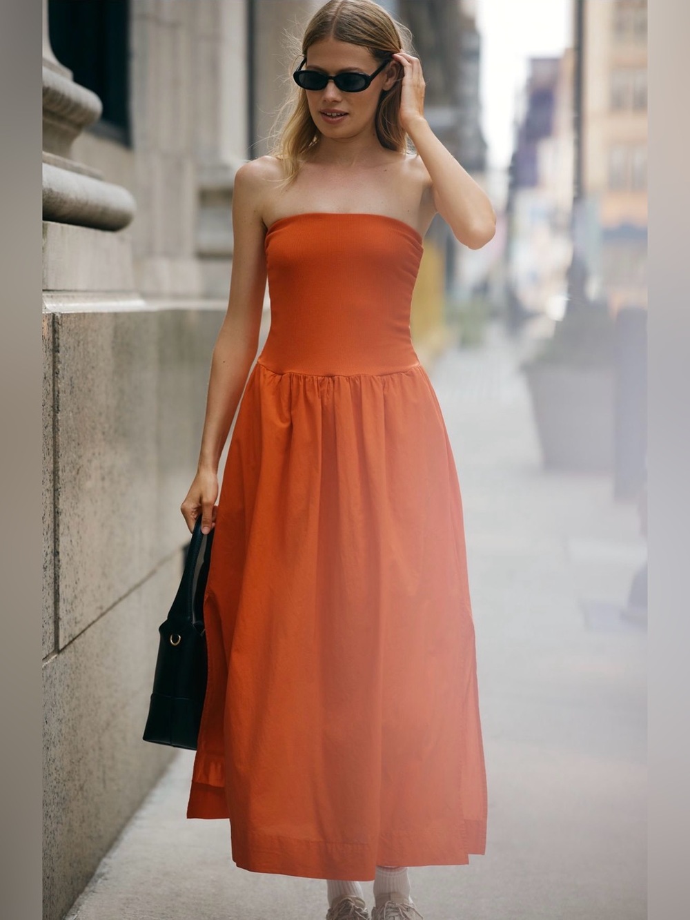 Stateside Strapless Burnt Twofer Midi Dress, Sz S, Color: Fiesta Red